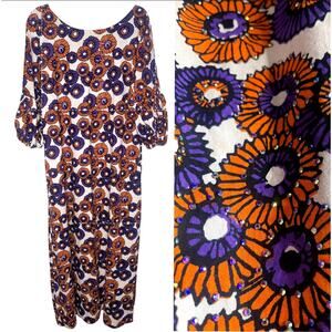 Vintage 1960's L Floral Print LINEN Maxi Dress CRYSTAL Beaded Purple Orange MINT